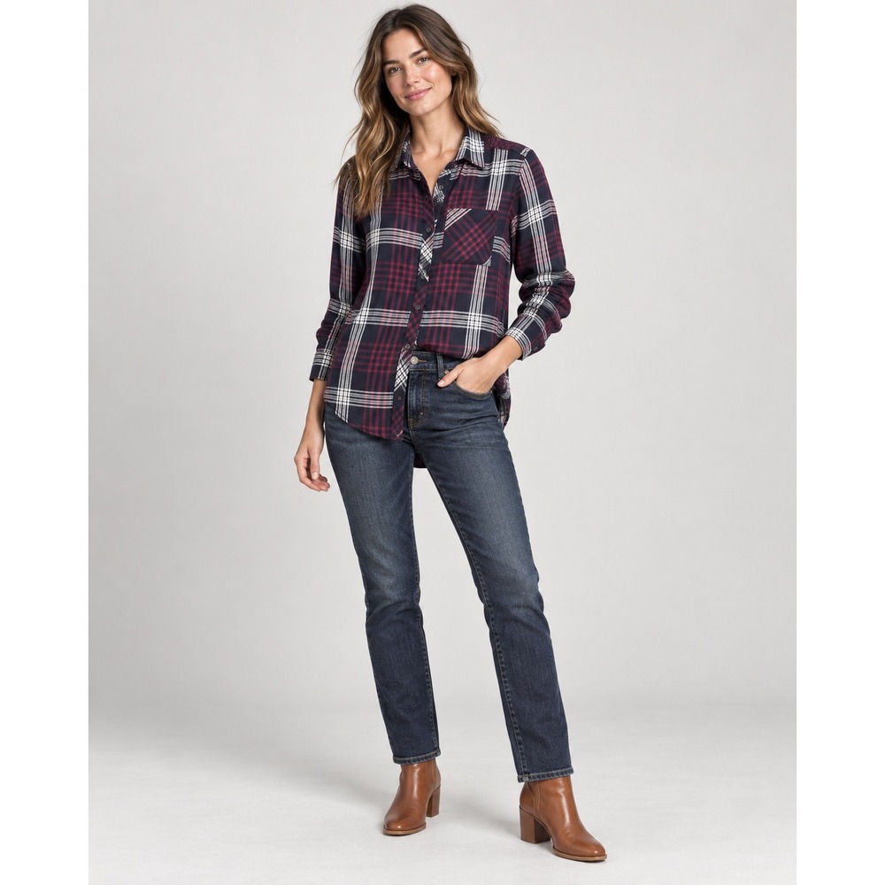 Rails Hunter Plaid Button Down Shirt Womens L Navy Merlot Rayon Flannel